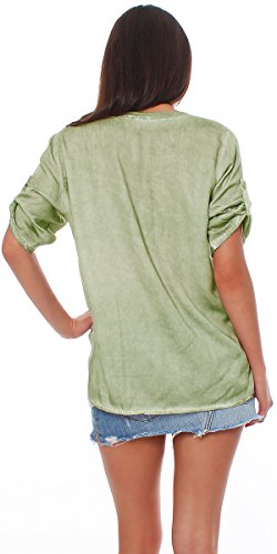 MODA ITALY DAMEN VISKOSE BLUSE VINTAGE-LOOK KURZARM TUNIKA PAILLETTEN BLOUSON SHIRT FISCHERHEMD KRAGEN LOOSE-FIT (green)1