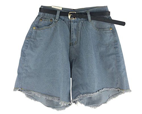 Mytom® Frauen Damen Vintage Blue Ausgefranste lose, lockere Baggy Shorts Boyfriend Stretch Denim Jeans Hotpants, mit hoher Taille Oversize Crimp Jean Shorts Fashion Hosen mit Gürtel inklusive, 2 Farbauswahl.7