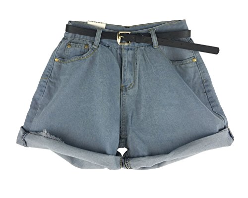 Mytom® Frauen Damen Vintage Blue Ausgefranste lose, lockere Baggy Shorts Boyfriend Stretch Denim Jeans Hotpants, mit hoher Taille Oversize Crimp Jean Shorts Fashion Hosen mit Gürtel inklusive, 2 Farbauswahl.1