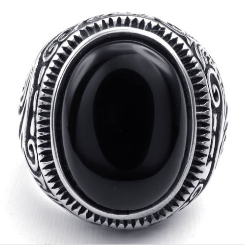 Vintage Oval Schwarz Onyx Silber Edelstahl Herren-Ring