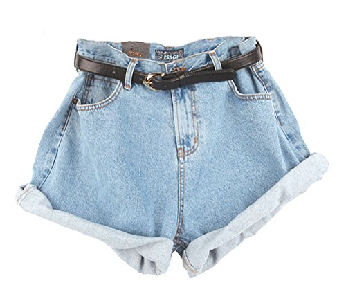 Mytom® Frauen Damen Vintage Blue Ausgefranste lose, lockere Baggy Shorts Boyfriend Stretch Denim Jeans Hotpants, mit hoher Taille Oversize Crimp Jean Shorts Fashion Hosen mit Gürtel inklusive, 2 Farbauswahl.